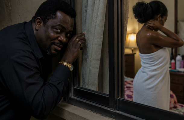 ChatGPT Image Jul 20 2026 10_45_18 AM | Ghanaguardian.com Man outside a window leans on the sill, whispering or greeting a woman inside who is wrapped in a towel.