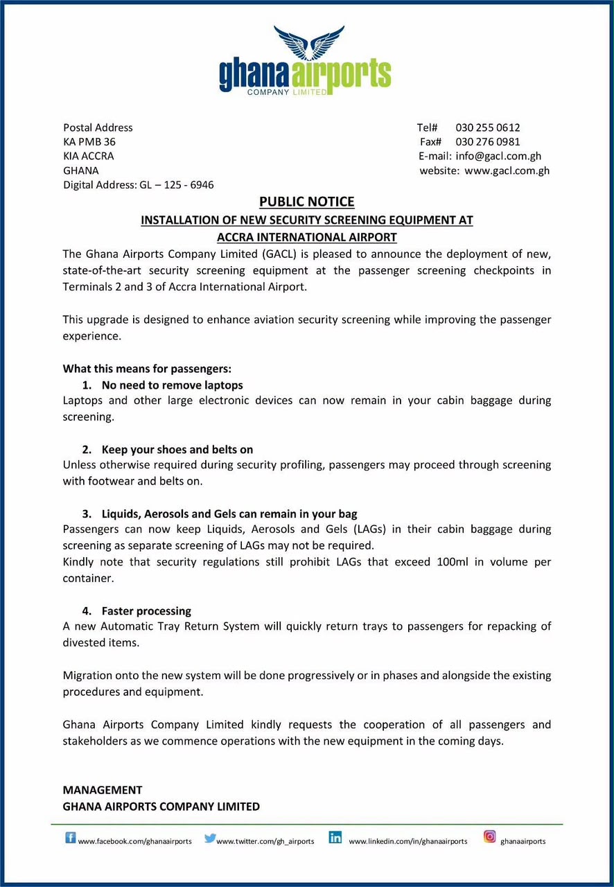 Public notice from Ghana Airports Company Limited about installation of new security screening equipment at Accra International Airport, with contact info.