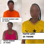 Collage of four people with blurred faces in a grid; bright shirts (orange, pink, yellow) and text panels show names and ages (e.g., Peace Agbede 26 years, Favour Sunday Udo 26 years, Faith Levi 25 years).