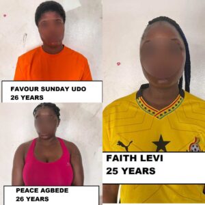 Collage of four people with blurred faces in a grid; bright shirts (orange, pink, yellow) and text panels show names and ages (e.g., Peace Agbede 26 years, Favour Sunday Udo 26 years, Faith Levi 25 years).