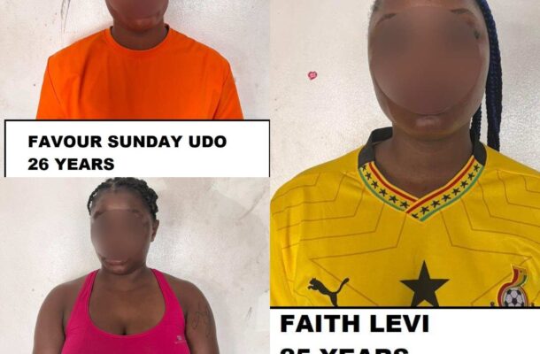 Collage of four people with blurred faces in a grid; bright shirts (orange, pink, yellow) and text panels show names and ages (e.g., Peace Agbede 26 years, Favour Sunday Udo 26 years, Faith Levi 25 years).