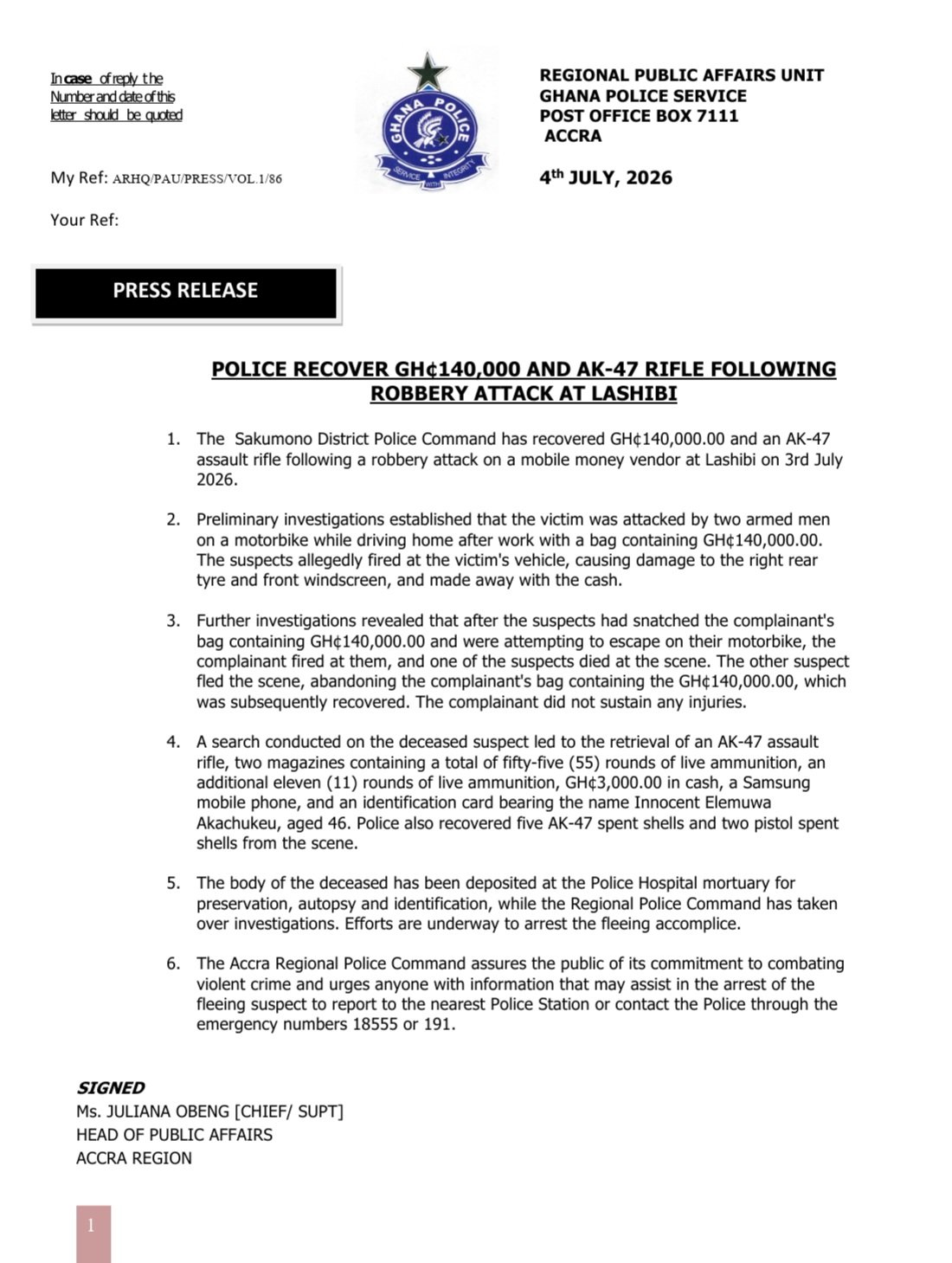 Ghana Police press release page with emblem, a bold header about recovering cash and an AK-47 after a Lashibi robbery, and a black 'PRESS RELEASE' button.