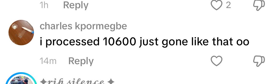 HNdm004XsAEyuxA | Ghanaguardian.com Comment item from a social feed: user Charles Kpormegbe with profile photo, text reads 'i processed 10600 just gone like that oo', timestamp '14m' and a Reply option plus like/reaction icons.