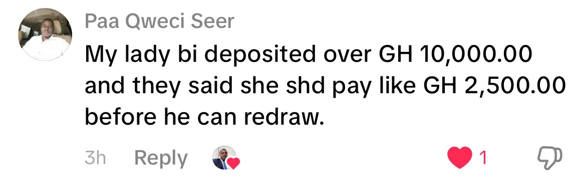 HNdmyqmX0AAK13I | Ghanaguardian.com Social media post by Paa Qweci Seer: 'My lady bi deposited over GH 10,000.00 and they said she shd pay like GH 2,500.00 before he can redraw' with a like reaction.