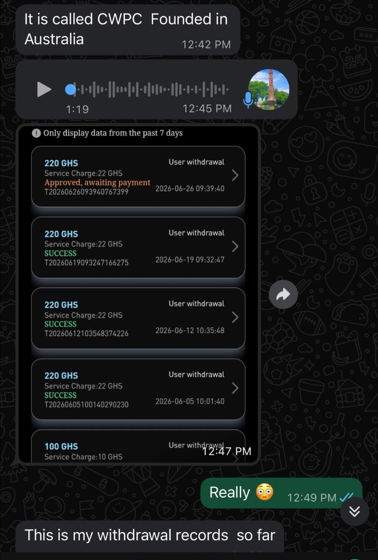 HNhdfhNWoAACpVq | Ghanaguardian.com Screenshot of a chat showing withdrawal records in an app: multiple 220 GHS withdrawals with statuses like APPROVED awaiting payment or SUCCESS and timestamps.