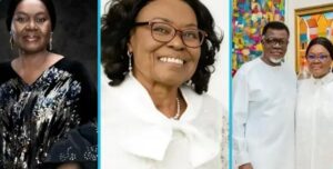 Collage of three portraits: left a woman in a black and silver patterned dress, center a smiling woman with glasses in white, right two people in white outfits beside colorful artwork.