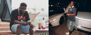 Split-screen: left person seated on bench using a phone with drinks on a small table; right person standing beside a white car at night.