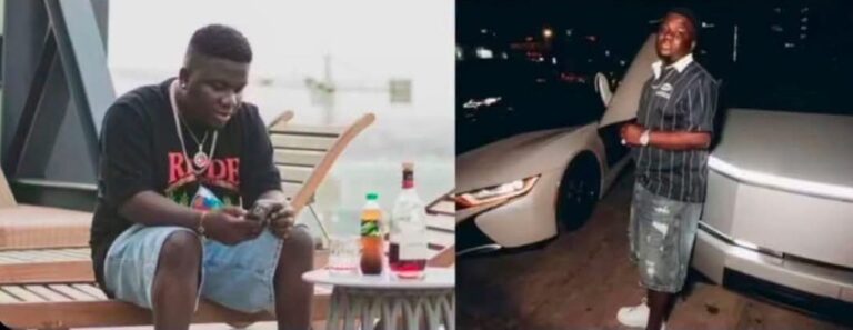 Split-screen: left person seated on bench using a phone with drinks on a small table; right person standing beside a white car at night.
