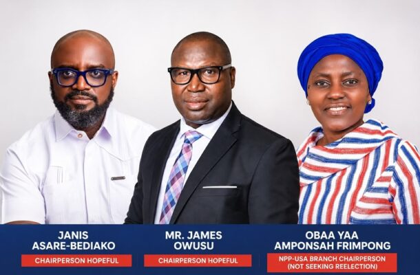 IMG-20260718-WA0002 | Ghanaguardian.com Campaign photo of three people: Janis Asare-Bediako (left) in a white shirt, Mr. James Owusu (center) in a black suit and pink plaid tie, and Obaa Yaa Amponsah Frimpong (right) in a blue head wrap and striped outfit, with red caption bars identifying their titles below.