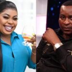 Split-screen: smiling woman in blue blouse holding a wine glass on the left, serious man in black shirt on the right.