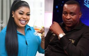 Split-screen: smiling woman in blue blouse holding a wine glass on the left, serious man in black shirt on the right.