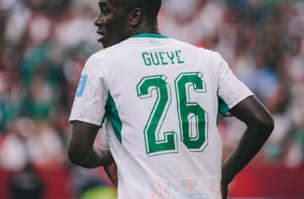 IMG_1154 | Ghanaguardian.com Soccer player seen from behind wearing a white jersey with green numbers and the name Gueye, number 26, on a crowded stadium backdrop