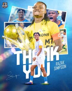 Collage-style poster thanking Razak Simpson, featuring him in a white kit, a large 'THANK YOU' text, and celebration photos with a golden trophy in the foreground.