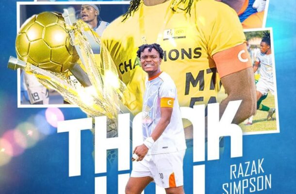 Collage-style poster thanking Razak Simpson, featuring him in a white kit, a large 'THANK YOU' text, and celebration photos with a golden trophy in the foreground.