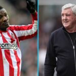 Split image: left shows a male footballer in a red-and-white striped jersey celebrating with raised arms; right shows an older man in a black zip-up jacket smiling.