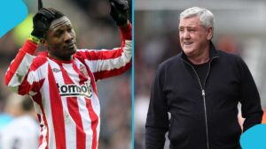 Split image: left shows a male footballer in a red-and-white striped jersey celebrating with raised arms; right shows an older man in a black zip-up jacket smiling.