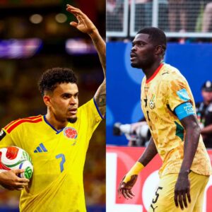 Two soccer players in yellow kits on a split-image: left raises a arm near a ball, right runs on a blue sideline.