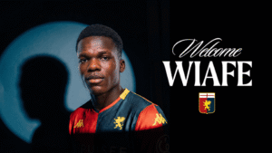 Portrait of a young man in a colorful jersey beside a bold 'Welcome WIAFE' graphic and crest on a dark background.