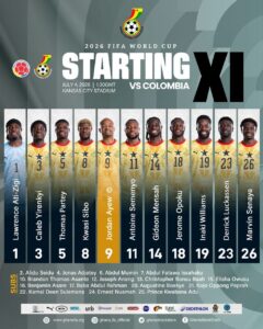 Ghana starting XI for a 2026 World Cup match against Colombia, showing player portraits with jersey numbers and substitutions list (yellow kits).