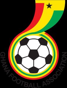 Ghana Football Association emblem with a soccer ball and Rastafari colors (red, yellow, green) and a black star on black background