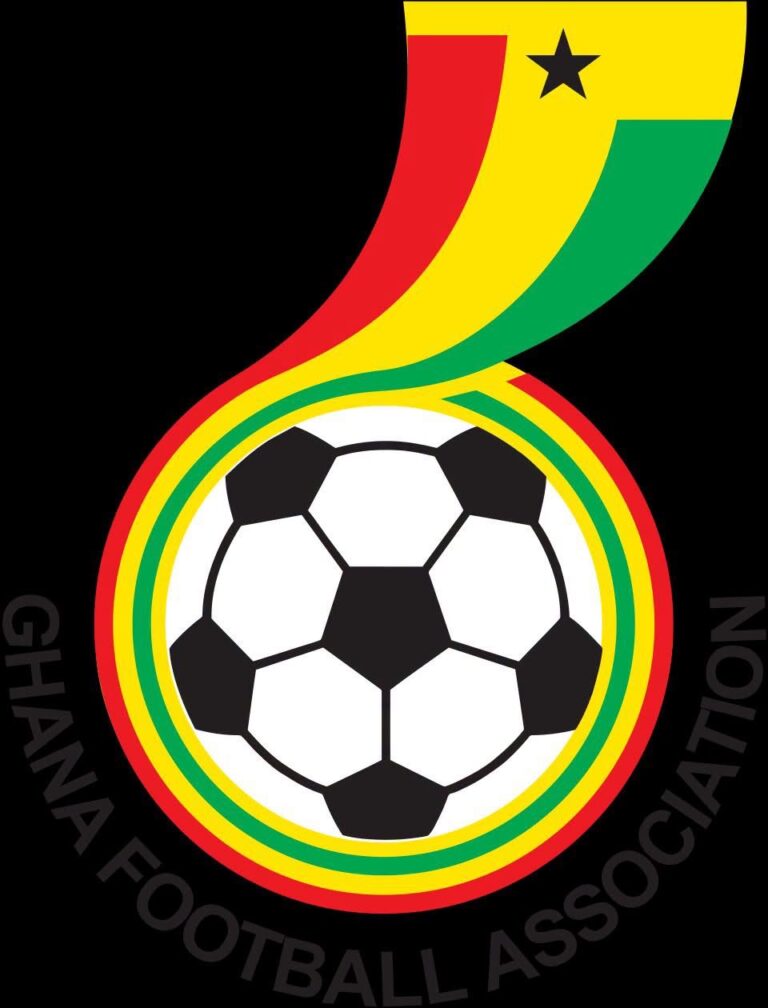 Ghana Football Association emblem with a soccer ball and Rastafari colors (red, yellow, green) and a black star on black background