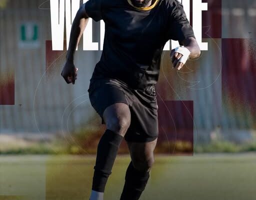 IMG_1229 | Ghanaguardian.com Soccer player in black kit dribbling a ball on a field, with large 'WELCOME' text and 'Bright Addae' above; small rooster emblem at the bottom.