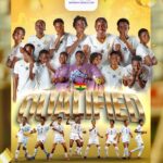 Poster showing Ghana women’s football team celebrating qualification for FIFA U-17 Women’s World Cup, with large 'QUALIFIED' text and a Ghana flag here and there.
