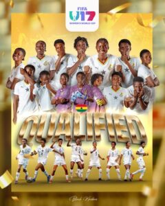 Poster showing Ghana women’s football team celebrating qualification for FIFA U-17 Women’s World Cup, with large 'QUALIFIED' text and a Ghana flag here and there.