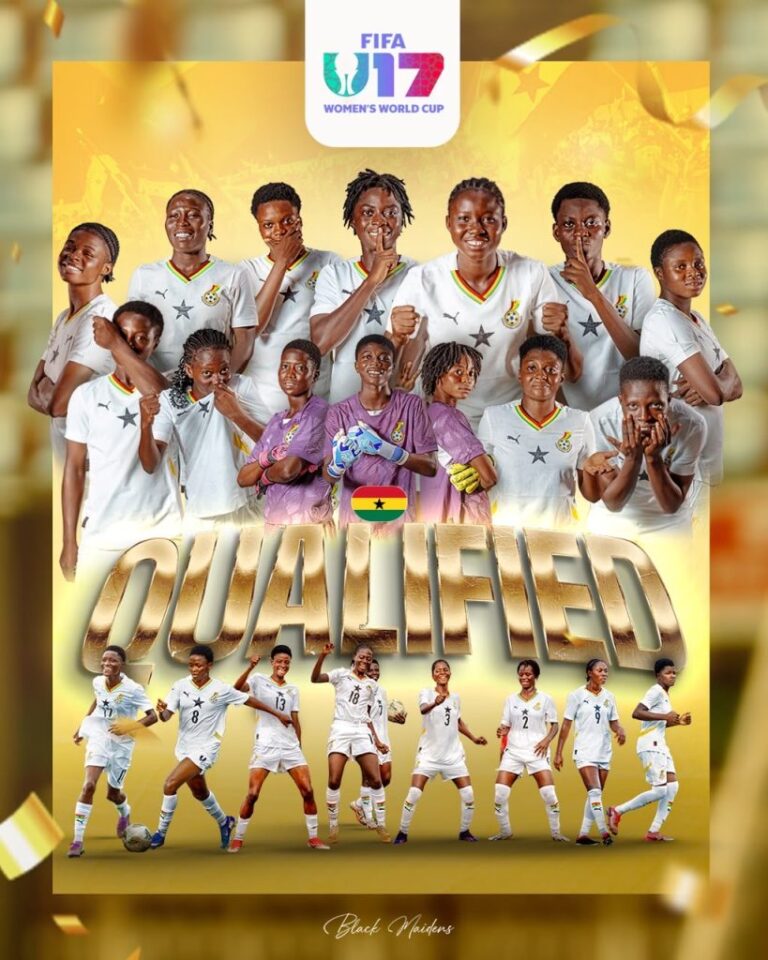Poster showing Ghana women’s football team celebrating qualification for FIFA U-17 Women’s World Cup, with large 'QUALIFIED' text and a Ghana flag here and there.