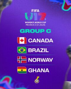 IMG_1245 | Ghanaguardian.com FIFA Women's World Cup 2026 Group C lineup: Canada, Brazil, Norway, and Ghana on a purple poster.