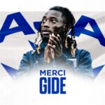 Graphic tribute thanking Gideon: a football player in a blue jersey with hands clasped, overlaid with bold 'MERCI GIDE' text.