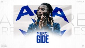 Graphic tribute thanking Gideon: a football player in a blue jersey with hands clasped, overlaid with bold 'MERCI GIDE' text.