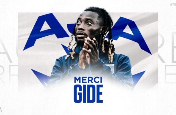 Graphic tribute thanking Gideon: a football player in a blue jersey with hands clasped, overlaid with bold 'MERCI GIDE' text.