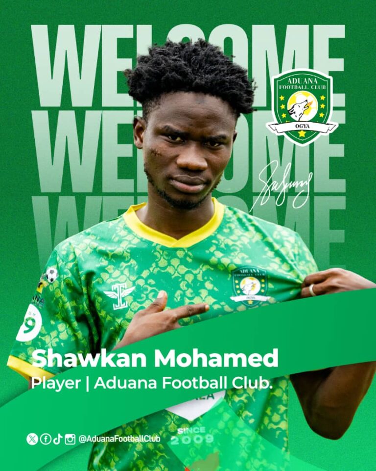 Portrait of Shawkan Mohamed in Aduana Football Club's green jersey, with club crest visible and his name/text overlay in the background.