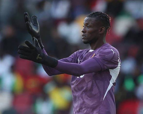 Soccer goalkeeper in a purple jersey with black gloves clapping on the field during a match, blurred crowd in the background.