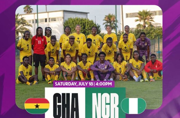 Poster announcing Ghana vs Niger women’s match (GHA vs NGR) with a team photo on a purple background, date and venue listed: July 18, Casablanca.