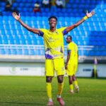 Soccer player in a yellow kit with arms raised in celebration on a green field at a stadium field side.