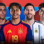 Four male soccer players stand together, two in red Spain jerseys and two in light blue/white Argentina jerseys, posing for a promotional image against a colorful background.