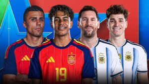 Four male soccer players stand together, two in red Spain jerseys and two in light blue/white Argentina jerseys, posing for a promotional image against a colorful background.