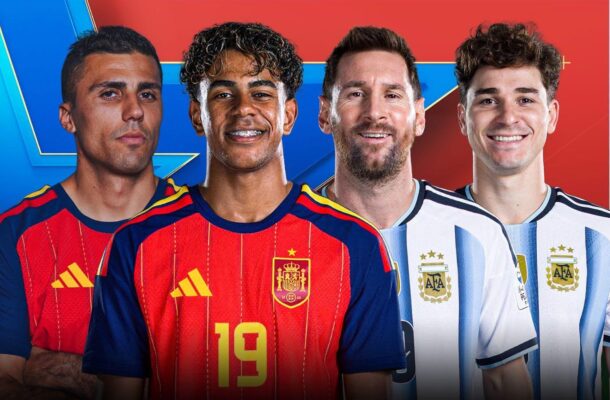 IMG_1322 | Ghanaguardian.com Four male soccer players stand together, two in red Spain jerseys and two in light blue/white Argentina jerseys, posing for a promotional image against a colorful background.