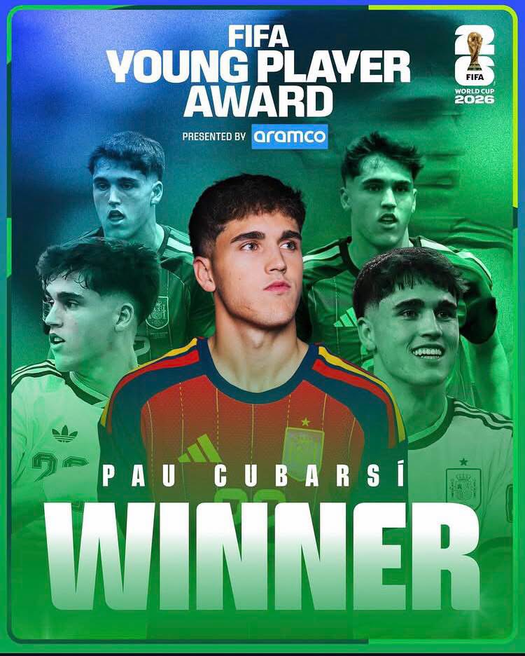 Poster announcing Paul Cubarsi as the FIFA Young Player Award winner, with a bold 'WINNER' at the bottom and green-toned background imagery of multiple players.