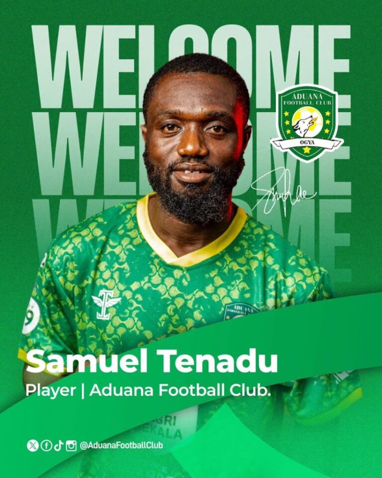 Portrait of Samuel Tenadu, Aduana Football Club player, in green kit with club badge; large 'WELCOME' graphic in the background.