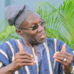 Older man in blue striped traditional attire and a headwrap, gesturing while speaking outdoors near tropical plants.