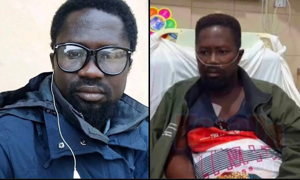 Kwadwo Kwakye Obuobi 2 | Ghanaguardian.com Two men shown side by side: left man wearing glasses and earphones in a blue jacket; right man in a hospital bed with an oxygen tube and a dark jacket.