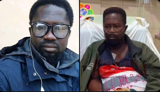 Two men shown side by side: left man wearing glasses and earphones in a blue jacket; right man in a hospital bed with an oxygen tube and a dark jacket.