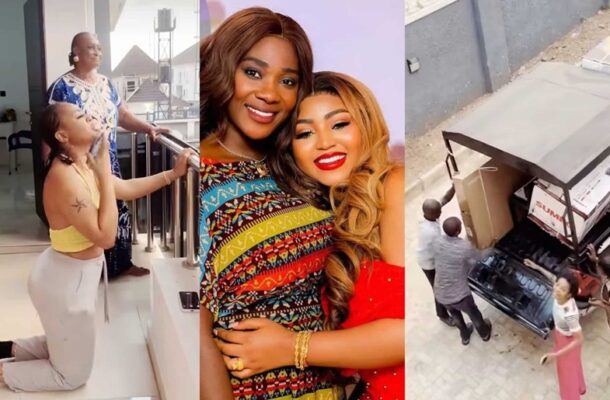 Mercy-Aigbe-surprises-Regina-Daniels-with-new-TV | Ghanaguardian.com Three-panel collage: left shows a woman in a yellow top kneeling by a doorway with another woman standing nearby; center features two women smiling and posing together; right shows people unloading a truck and its open tailgate.