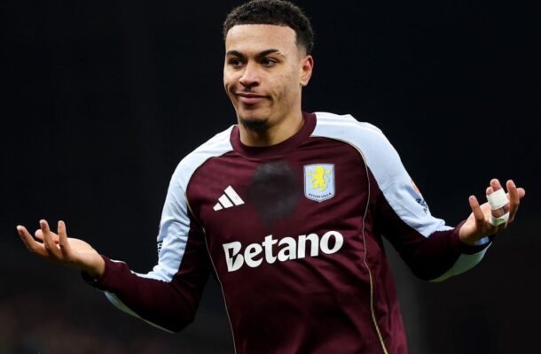 Morgan Rogers 1 | Ghanaguardian.com Aston Villa footballer in maroon kit with light-blue sleeves, arms raised in a shrug on the pitch.