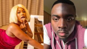 Split image: left shows a woman with a blonde bob in a pink dress at a piano, licking her finger; right shows a man in a burgundy hoodie looking at the camera.