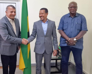 Three men in business attire stand side by side; the man on the left and the man in the center shake hands, with a green-yellow flag behind them.