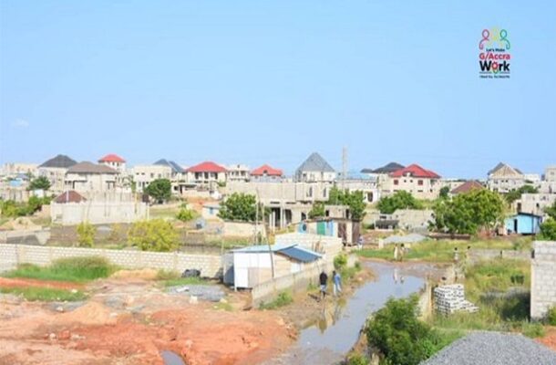 Some-encroached-parts-of-Sakumono-Ramsar-sites-by-developers-620x406 | Ghanaguardian.com Developing residential area with unfinished houses and colorful rooftops along a muddy road; two people walk through a shallow flood under a clear blue sky, logo top-right.